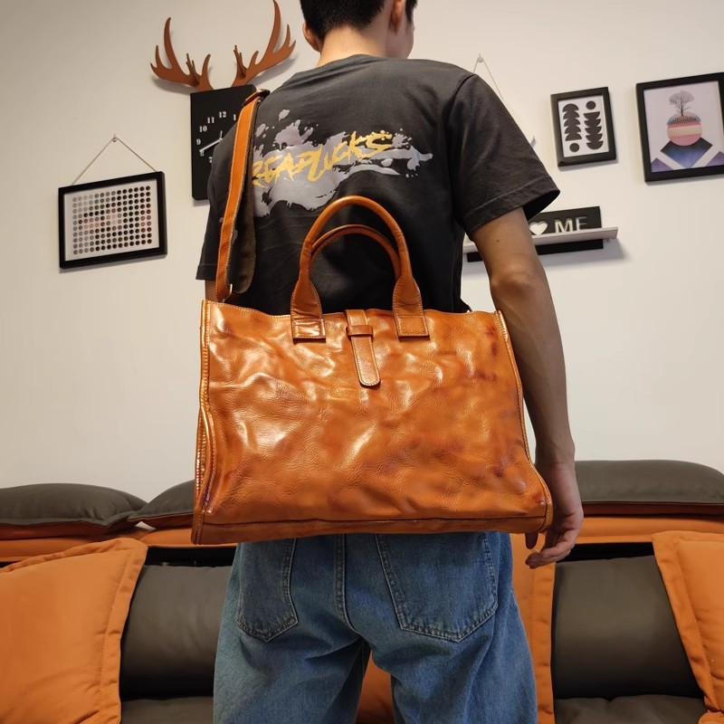 Leather Work Bag Laptop - Simple Vintage Genuine Leather Men's Briefcase