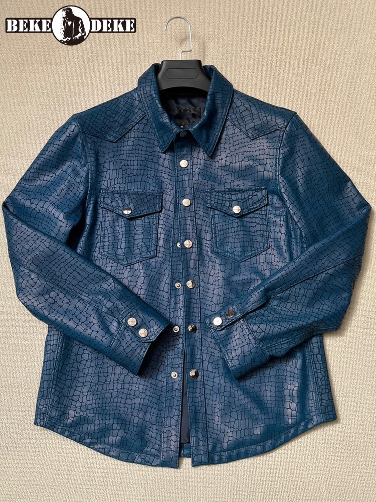 Leather Work Jacket Mens - Men Spring Crocodile Pattern Real Sheepskin
