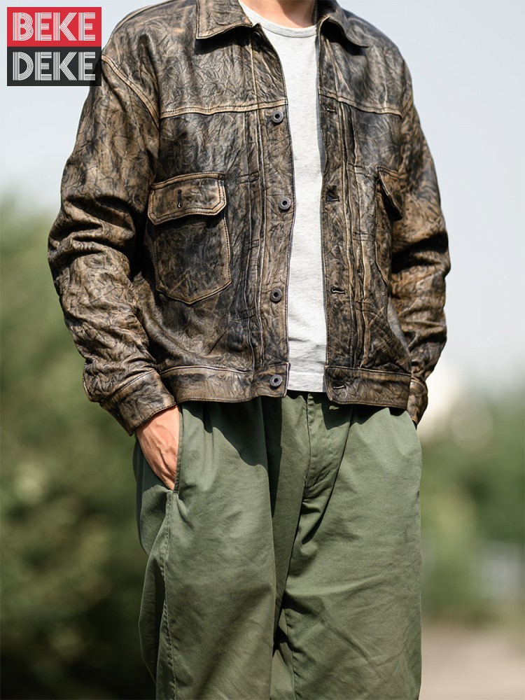Vintage Wrinkled Real Sheepski - Leather Work Jacket Mens recension och pris