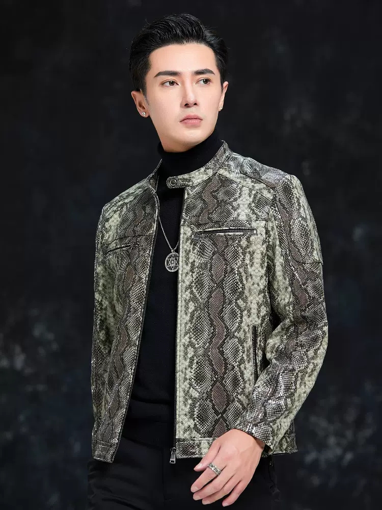 Spring Men Snake Pattern Sheep - Leather Work Jacket Mens recension och pris