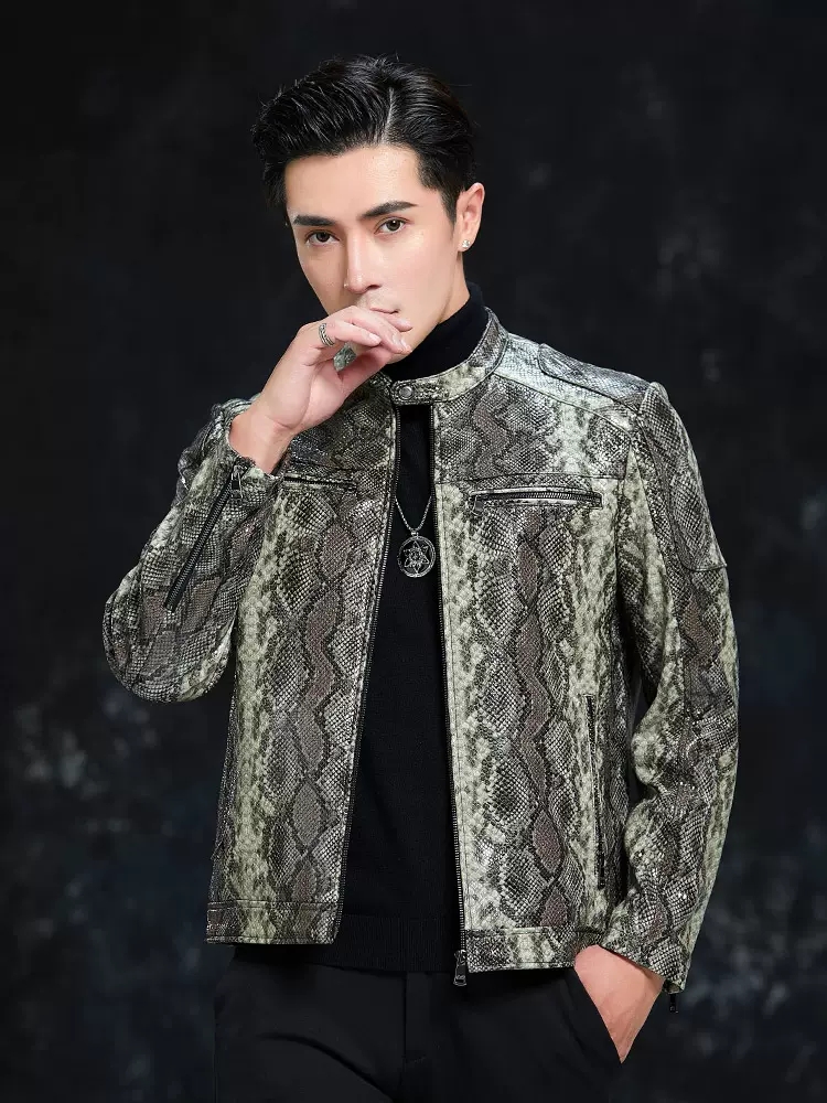 Spring Men Snake Pattern Sheep - Leather Work Jacket Mens recension och pris